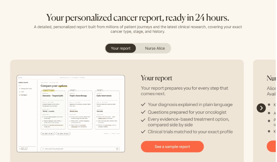 Desktop section promising a personalized cancer report in 24 hours, with a tabbed preview of the report and the Nurse Alice companion.