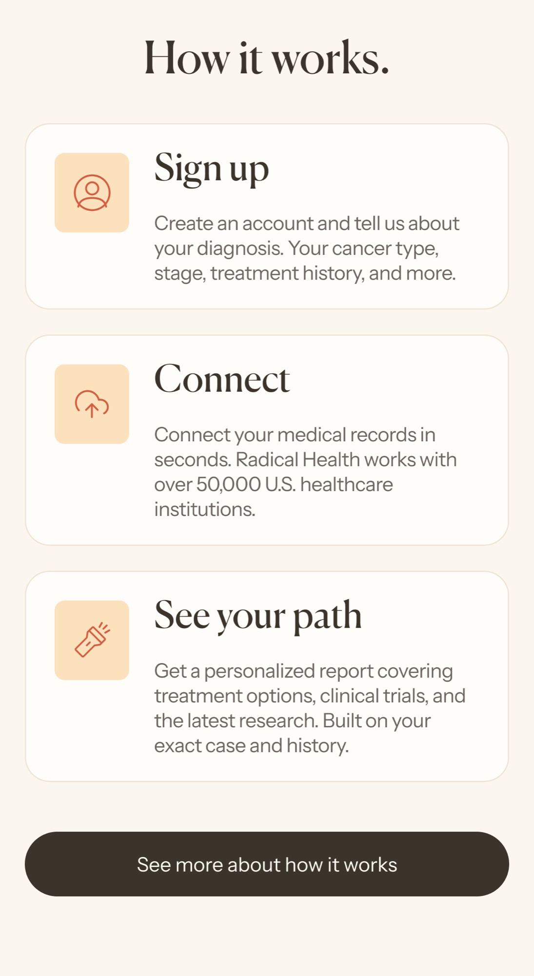 Mobile "How it works" section with three steps — sign up, connect your records, see your path — each in its own card.